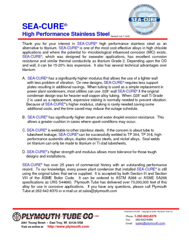 thumbnail of SEA-CURE High Performance Information Sheet