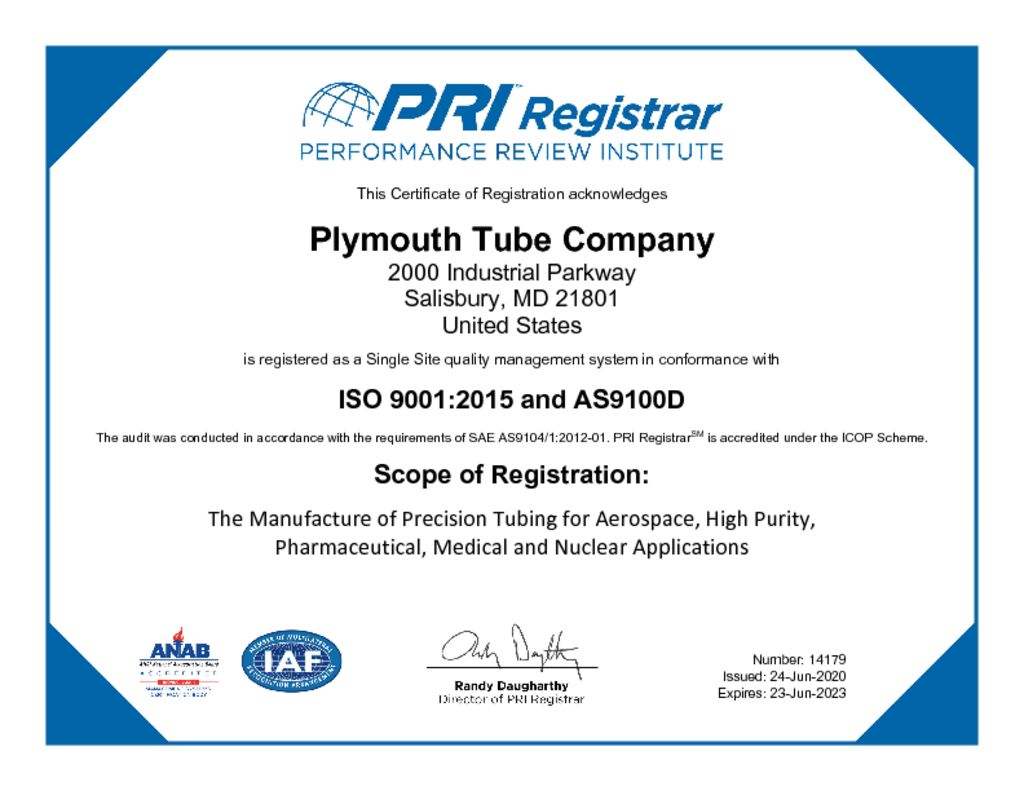thumbnail of SAL ISO 9001 2015 June 2023 14179 Plymouth Tube Company 24-June-2020