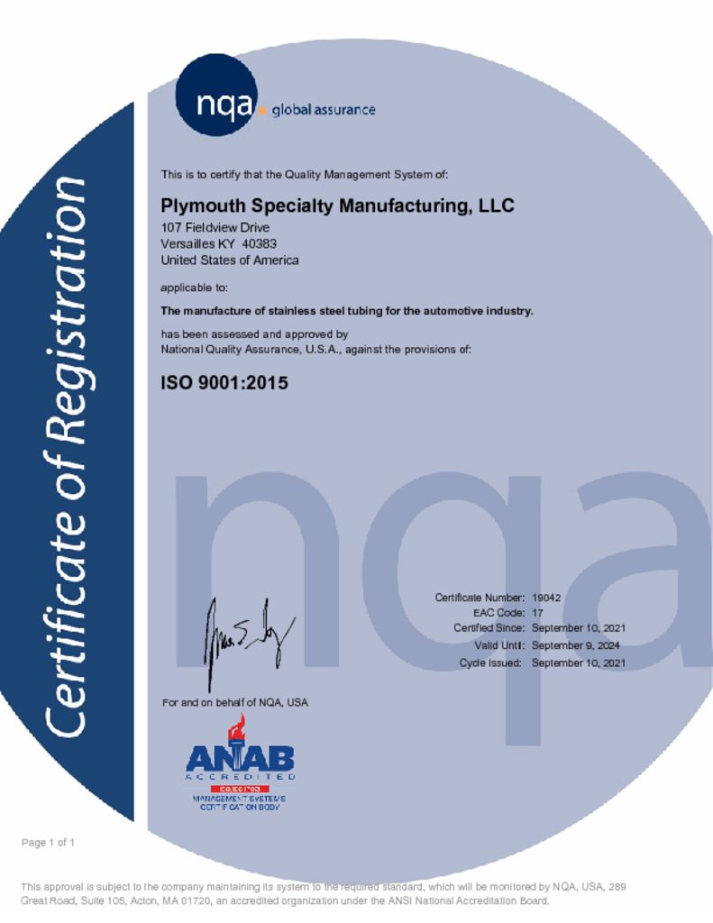 thumbnail of Plymouth Specialty Manufacturing ISO 9001 2015 2024
