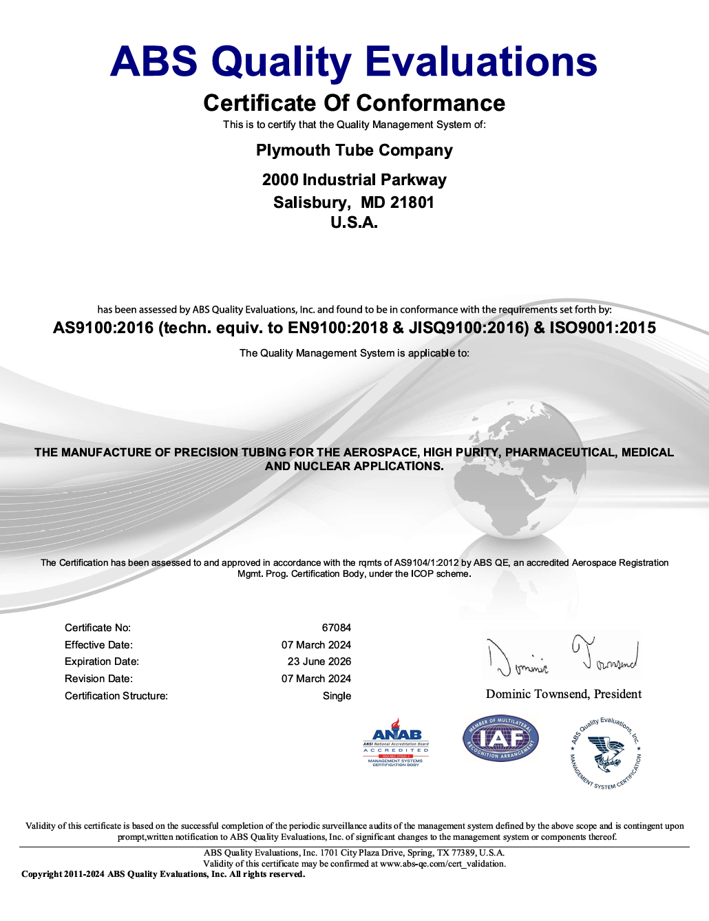 Salisbury AS9100:2016 (techn. equiv. to EN9100:2018 & JISQ9100:2016) & ISO9001:2015